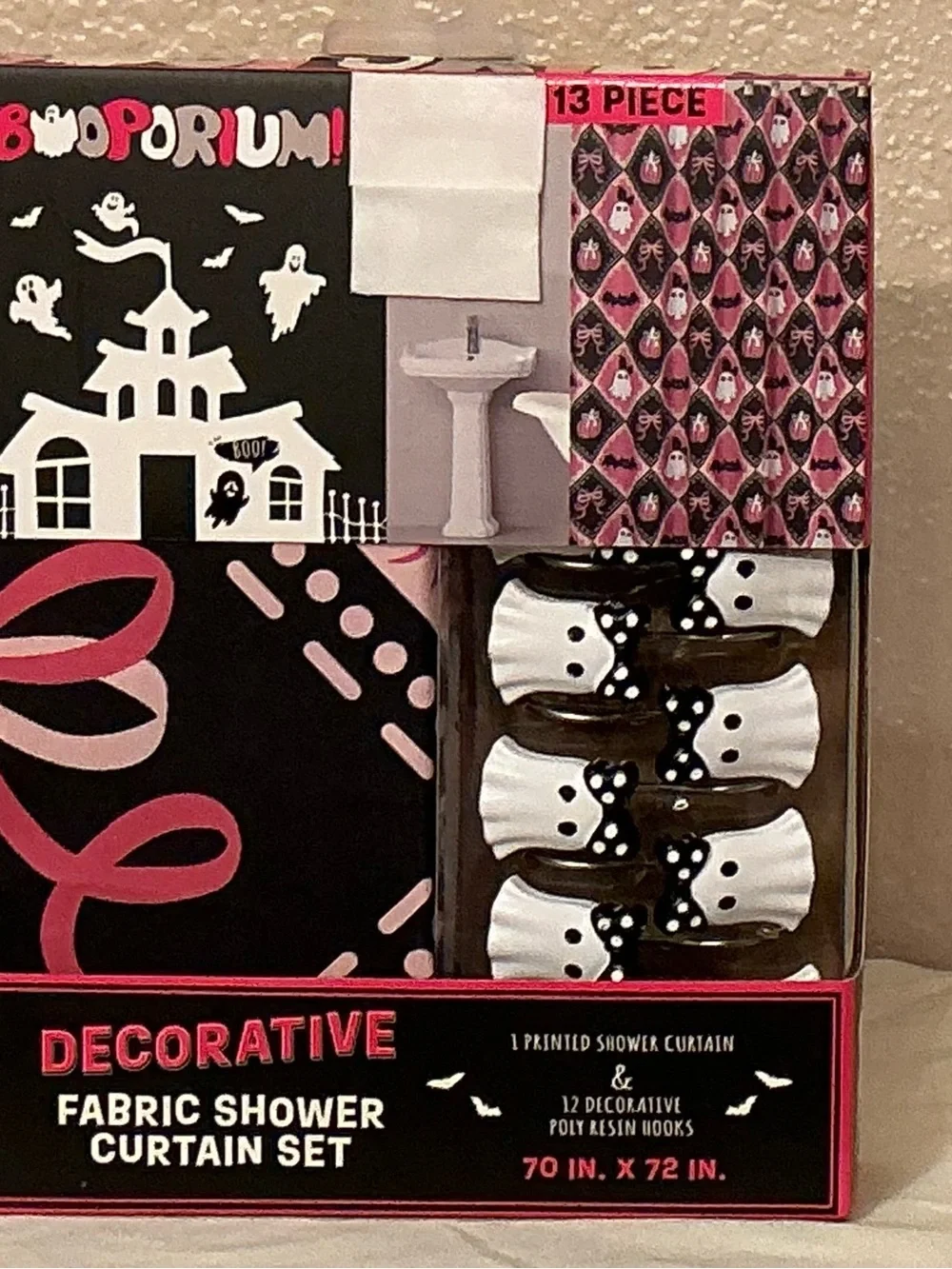 BOO PORIUM Black & Pink Ghost & Pumpkins Shower Curtain Set with Ghost Hooks